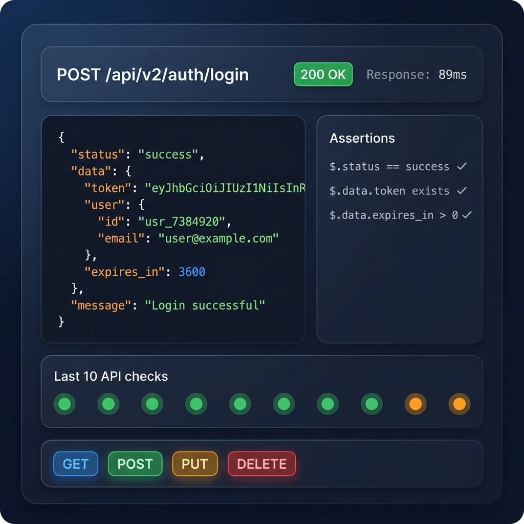 API Monitoring Dashboard — endpoint validation, JSON assertions, response time tracking