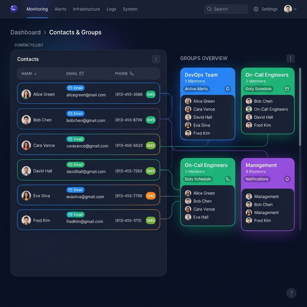 Contact Groups — organize team members for targeted alert routing
