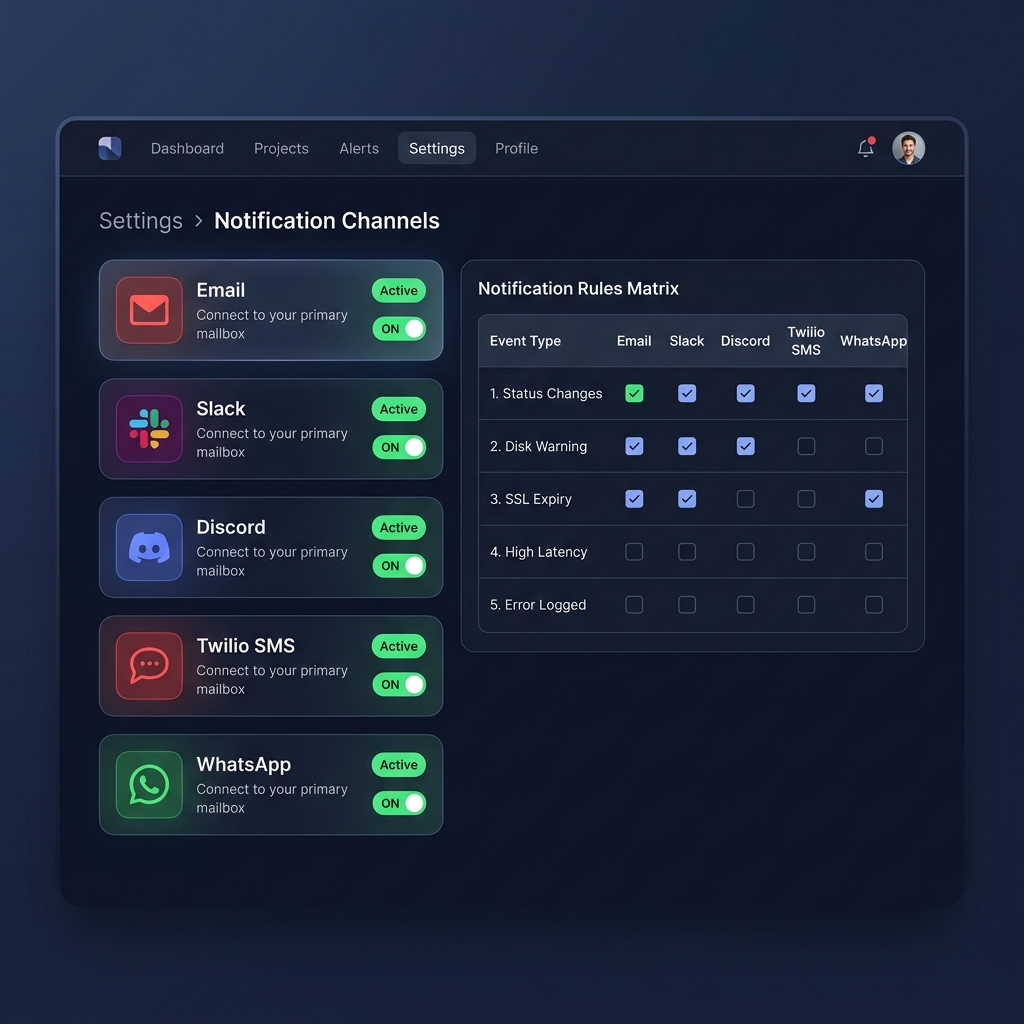 Notification Channels Dashboard — configure Email, Slack, Discord, SMS, and WhatsApp alerts
