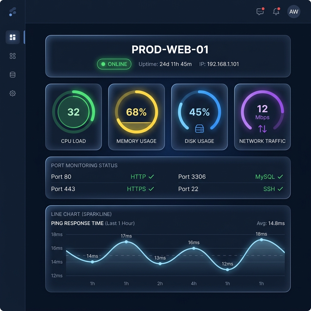 Server Monitoring Dashboard — CPU load, memory, disk usage, ping, and port monitoring